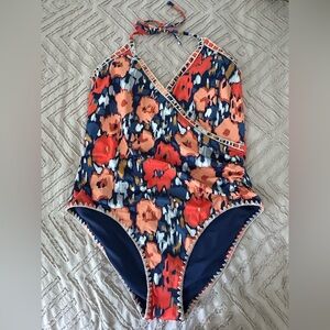 EUC Boden Floral Halter One-Piece Swimsuit in Navy and Coral Size 14